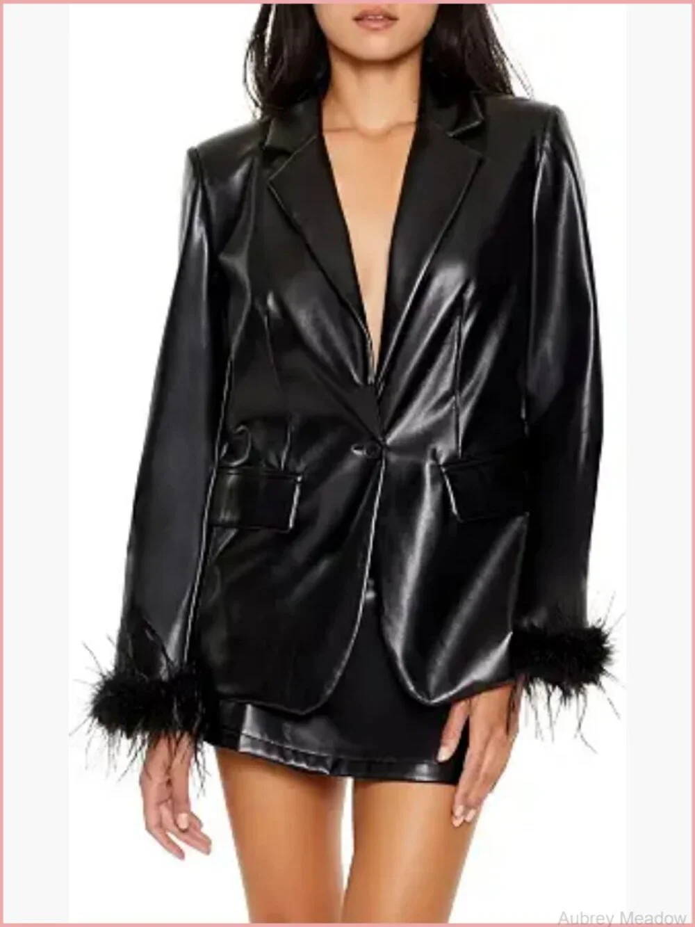 Faux Leather Blazer with Feather Cuffs - Notch Lapels